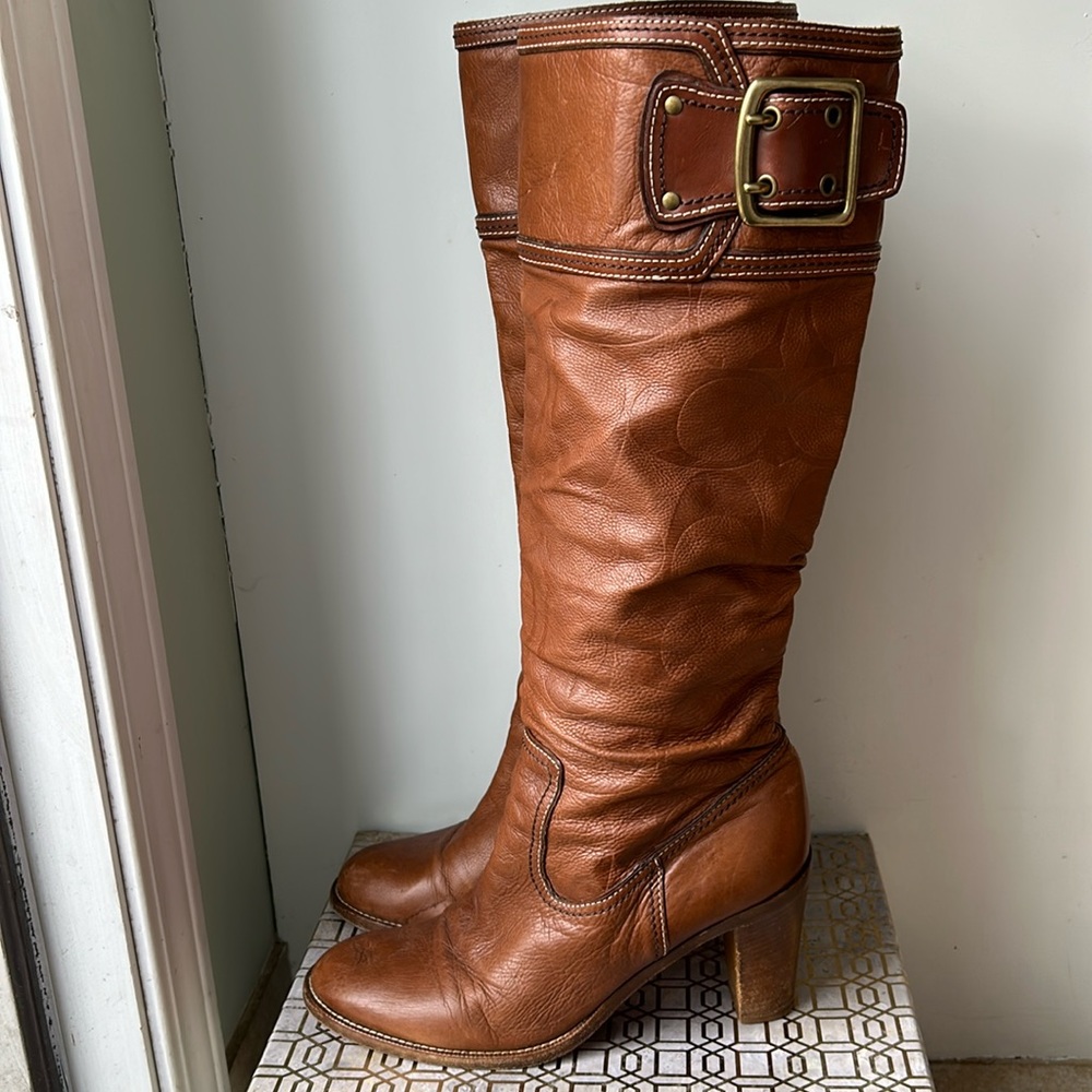 Coach Meredith Leather Monogram Tall Heeled Buckle Boots Women's size 9
